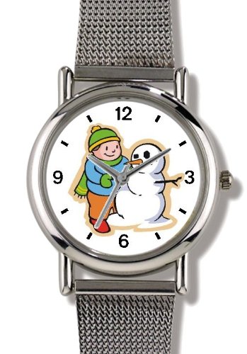 Boy and Snowman or Snow Man Christmas Theme - WATCHBUDDY® ELITE Chrome-Plated Metal Alloy Watch with Metal Mesh Strap-Size-Large ( Men's Size or Jumbo Women's Size )