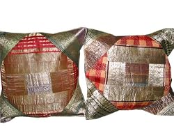 2 Red Green Zardozi Vintage Silk Sari Toss Pillow Cushion Covers