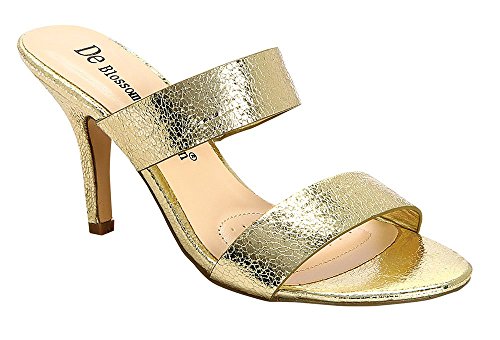De Blossom Collection Nova Women's Vegan Leather Metallic Slip-On Heeled Sandal