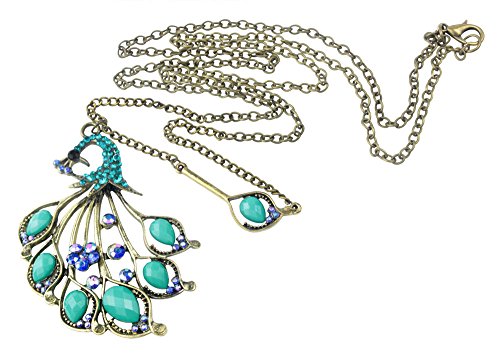 Kobwa(TM) Blue/Green Faux Gemstone Crystal Pendants Stunning Peacock Turquoise Necklace +Free Keyring