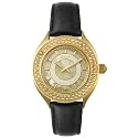 DKNY Women's Gold-Tone Crystal Black Leather Watch #NY4402