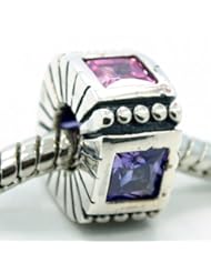 .925 Sterling Silver " 4 Sided Purple & Light Pink Cubic Zirconia " Bead Compatible with Pandora Chamilia Kay Troll Bracelet