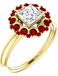 18K Yellow Gold Princess Cut Diamond and Ruby Flower Inspired Ring -- LIFETIME WARRANTY