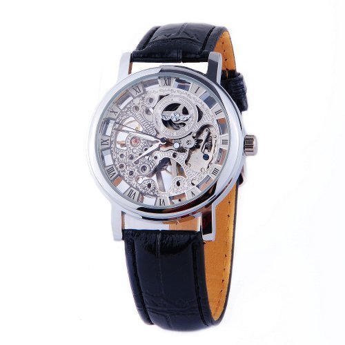 Mens Mechanical Skeleton Watch Hand Wind Up Silver Dial Black Leather