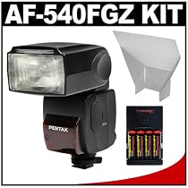 Pentax AF540FGZ Flash + Flash Bounce Reflector + NiMH Rapid Charger & High-Capacity Rechargeable Batteries - for Pentax K20D, K200D, K2000, K10D, K100D, K110D, Digital SLR Cameras