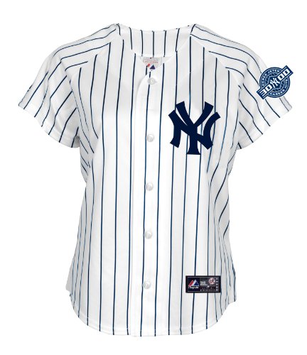 MLB Women's New York Yankees Derek Jeter Short Sleeve 5 Button Replica Home Jersey with 3,000 Hits Patch (White/Navy Pinstripes, Medium)