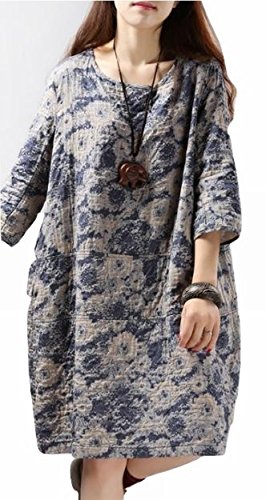 7分袖 Ｒネック閉 チュニック ワンピース カジュアル 麻 レトロ 花柄　秋 大きいサイズ 体型カバー ふんわり ゆったり ざっくり すっぽり ゆるめ 膝丈 めちゃカワひざ丈