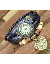 KANO BAK(TM) Black Color Vintage Bronze Cut lovely Heart Pattern Quartz Fashion Retro Wrap Around Weave Leather Bracelet WristWatch Wristband Gift Watch