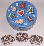 Scott's Cakes 1 lb. Milk Chocolate Covered Pretzel with Chocolate Chips & White Chocolate Chips in a Christmas Cookie Tin