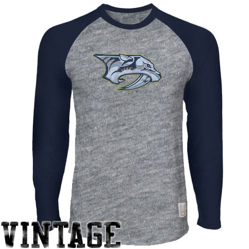 Original Retro Brand Nashville Predators Streaky Body Long Sleeve Raglan Premium T-shirt - Ash-Navy Blue (Large)