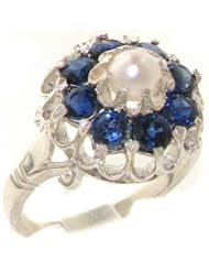 Solid 925 Sterling Silver Genuine Natural Sapphire & Pearl Victorian Cluster Ring - Finger Sizes 4 to 12 Available
