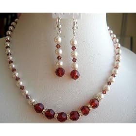 Vintage Necklace Set of Cream Pearl and Indian Red Crystal(Orange crystal) With Diamond Look Rings and Sterling Silver Earrings (BRAND NEW)