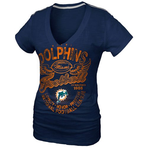 Miami Dolphins Ladies Gunner Glitz T-Shirt - Navy Blue (Small)