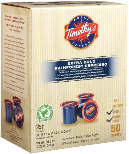 Timothy's World Coffee, Rainforest Extra Bold Espresso for Keurig Brewers, 50-Count K-Cups