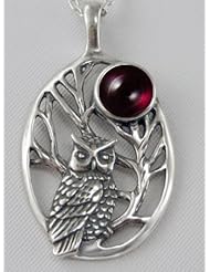 Silver Sacred Owl Pendant with Garnet and Made in America