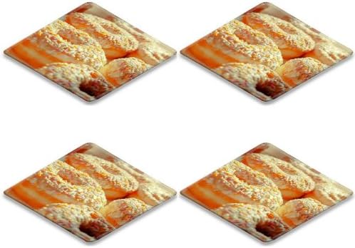 Donuts Macro Sweet Powder Sugar Sprinkle Square Coaster (4 Piece) Set Fabric Rubber 5 Inch Size Luxlady Coaster Cup Mug Can Water Bottle Drink Coasters Stain Resistance Collector Kit Kitchen Table Top Desk