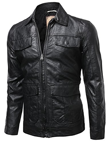 Refined Faux Leather Padding Quilted Lining Jacket Black Size L