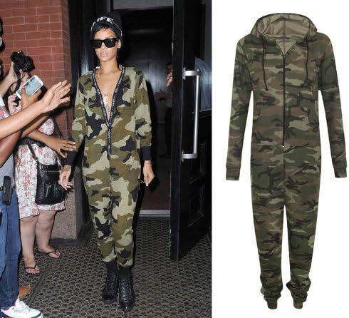 Womens Zip Up Hooded Camouflage Army Celeb Rihanna All In One Jumpsuit Onesie