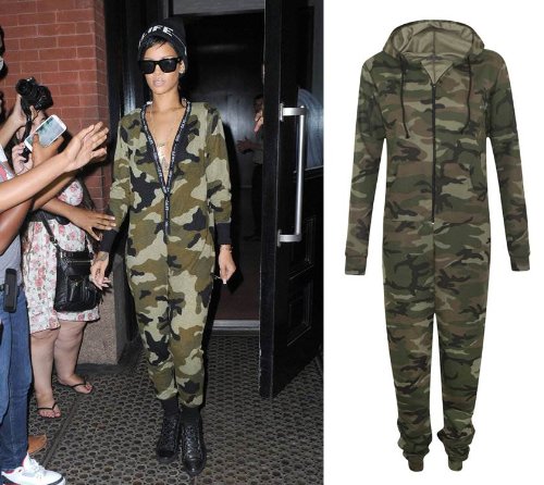 Womens Zip Up Hooded Camouflage Army Celeb Rihanna All In One Jumpsuit Onesie