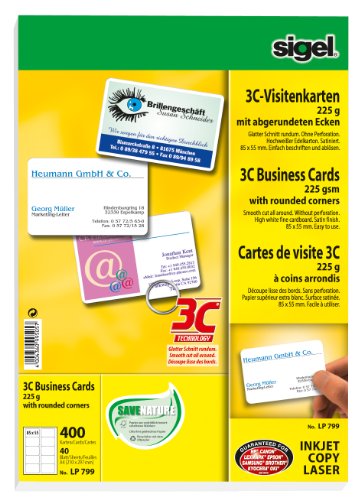 SIGEL - Cartes de visite, 85 x 55 mm, 225 g/m2, extra blanc, carton noble, pour imprimantes jet d'encre- laser, copieusesavec coins arrondis contenu: 400 cartes d