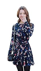 Summer Chiffon/Cotton Floral Print Vintage Elasticized   Waistline Bubble Dress Long Sleeves Tunic/Midi Dress 