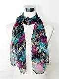 Chiffon Pink/Blue Floral Print on Black - Silk Scarf 36