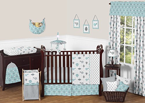 Sweet Jojo Designs Turquoise Blue and Gray Earth and Sky Birds Nature Girl or Boy Baby Bedding 11 Piece Crib Set without bumper