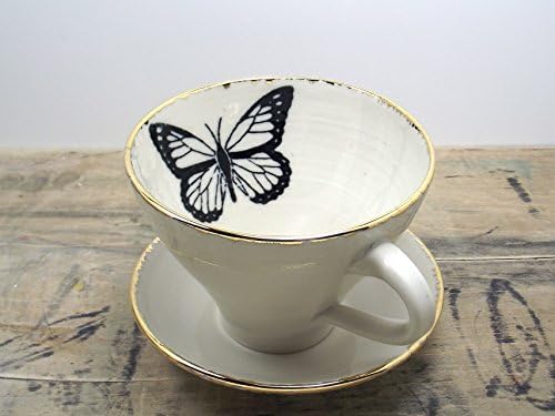 Monarch Butterfly White &amp; Gold Porcelain Large Tea Cup &amp; Saucer