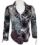 Boho Chic Tie Down Long Sleeves, Spread Collar, Button Front Fashion Top, Tapered Bottom - Paisley Plaid