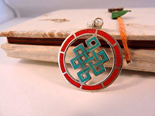Handmade Tibetan Turquoise Coral Brass Eternal Endless Knot Pendant Free Silk Draw String Pouch