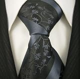 Black Grey Floral Mens Designer 100% Silk Necktie