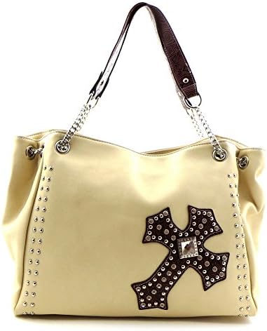 Western Rhinestone Cross Oversized Chain Tote Purse Handbag - Beige