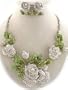 Bold and Beautiful XX-Large and Fancy Ice/Clear & Green Crystal Rose Necklace & Earrings Set Gold Tone