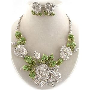 Bold and Beautiful XX-Large and Fancy Ice Clear and Green Crystal Rose Necklace and Earrings Set...