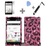 Full Diamond Black Pink Leopard Snap on Hard Case Skin Cover Faceplate with Screen Protector, Case Opener and Stylus Pen for LG Optimus L9 / P769 / P760