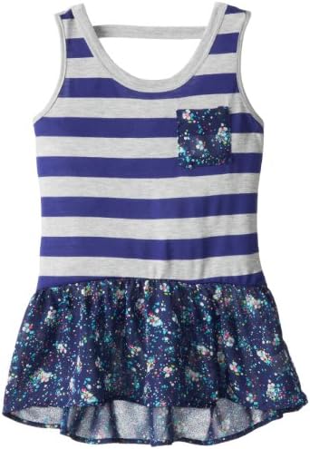 Sugartart Love Big Girls' Knit Tank with Chiffon Pocket and Peplum, Grey/Navy, Small