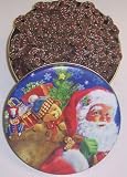 Scott's Cakes Mini Chocolate Covered Pretzels with Christmas Color Non-Pareils in a Santa's Toys Tin