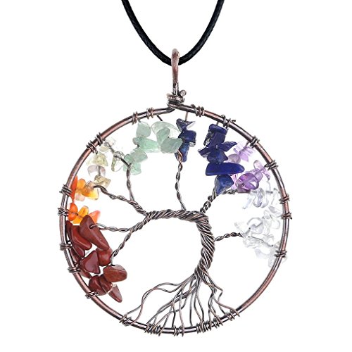JOVIVI Vintage Antique Bronze Tree of Life 7 Chakras Gemstone Round Charm Healing Power Pendant Necklace