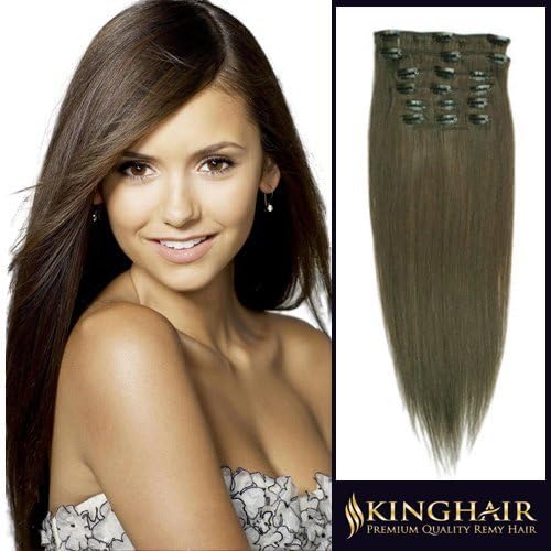 Kinghair 18" Top Quality Remy Clip In Human Hair Extensions Ash Brown_8 Weight 70g_7pcs Clips Attached Full Head for Womens Beauty