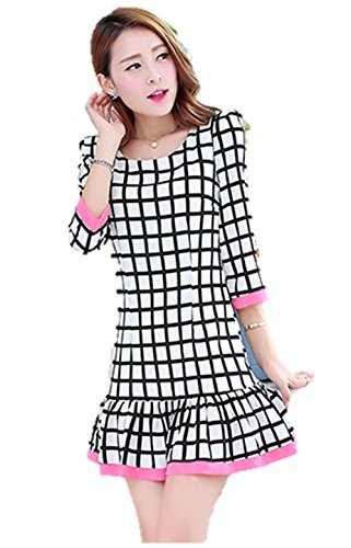 ウィンドチェック柄 格子柄 ワンピース 7分袖 ラウンドネック ローウエストワンピ フリルスカート 裾・袖パステルカラー クマのぬいぐるみ付き K-848