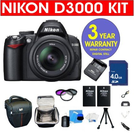 Nikon D3000 10.2 MP Digital SLR Camera with 18-55mm f/3.5-5.6G AF-S DX VR Nikkor Zoom Lens + High Capacity Li-Ion Battery + 4 GB Memory Card + 6 Piece Accessory Kit + Camera Holster Case + Multi-Coated Glass UV Filter + Multi-Coated Glass Polarizer Filter + 3 Year Warranty Repair Contract