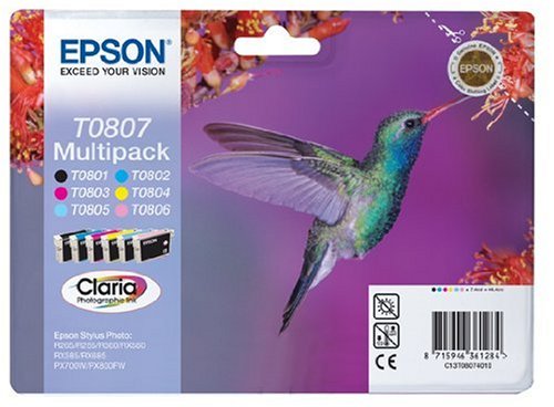 Epson T0807 original Claria multipack ink cartridge Comprising T0801 black, T0802 cyan blue, T0803 magenta red T0804 yellow T0805 light cyan T0806 light magenta