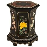 Handmade 18" Chinese Black Lacquer 6-Sided End / Accent Table With Jade Stonework & Mother of Pearl