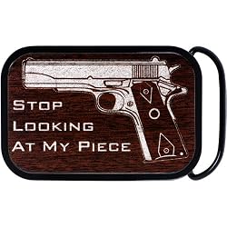 Real Wood Silver Stop Looking Gun Belt Buckle