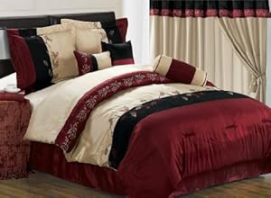 7-pieces Burgundy Embroidery Tree Branch With Leaf Comforter Set Bed-in-a-bag Queen Size Bedding