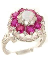 Solid 925 Sterling Silver Genuine Natural Ruby & Opal Victorian Cluster Ring - Finger Sizes 4 to 12 Available