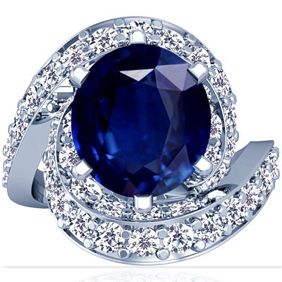 18K White Gold Oval Cut Blue Sapphire Fana Designer Ring