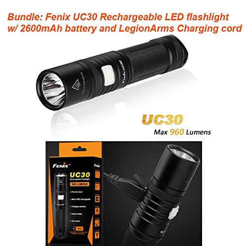 Fenix UC30 Rechargeable Flashlight (UC35 PD35 Ultra-Compact Version) 960 Lumens CREE XM-L2(U2) LED with 2600mAh 18650 Battery and LegionArms USB Charging Cord
