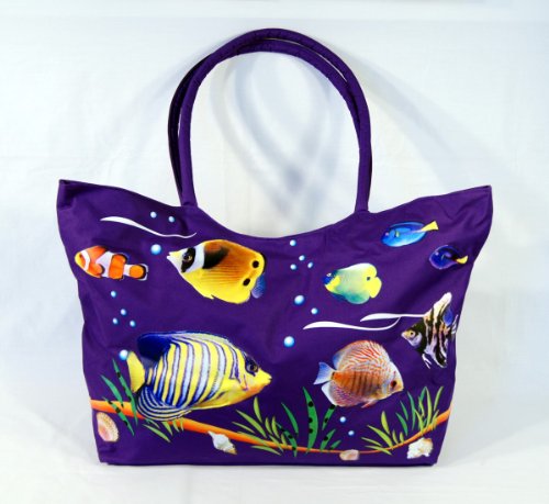 Waterproof Jumbo Purple Canvas Beach Bag Tropical Fish Design Zipper Closure 24 x 15 x 6