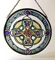 Green Celtic Manx Cross in Stained Glass